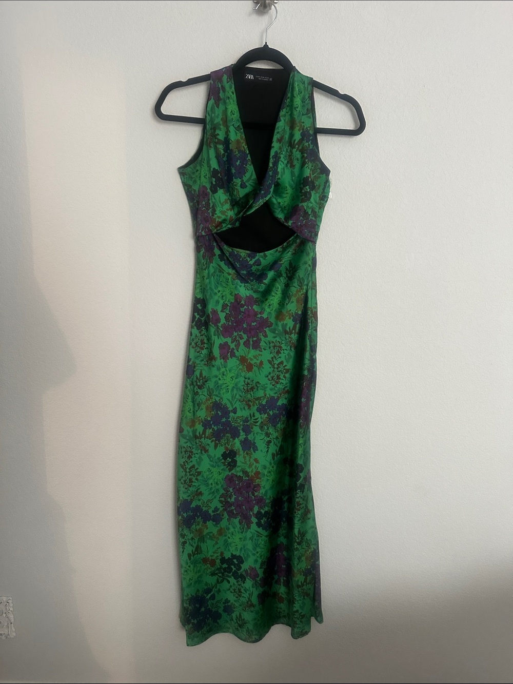 ZARA gorgeous satin green purple floral midi dress